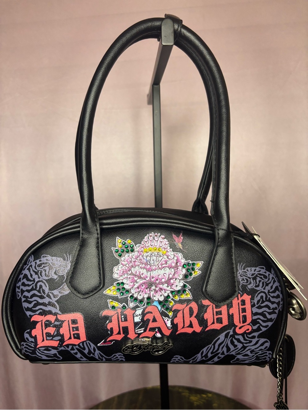 Ed Hardy Black Dome Mini Bag with Pink Floral Appliqué